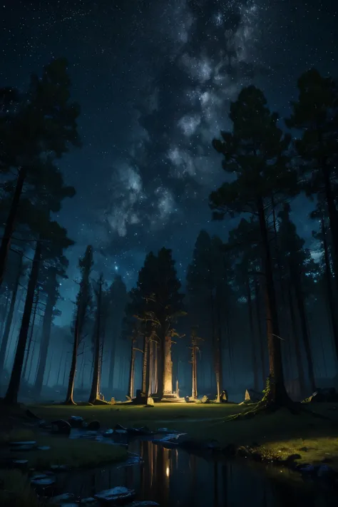 a spectacular night, ethereal moonlit forest, glowing fireflies, mystical atmosphere, vibrant stars in the sky, serene pond reflecting the night sky, ancient ruined temple, gnarled twisted trees, dramatic lighting, dramatic shadows, cinematic composition, ...