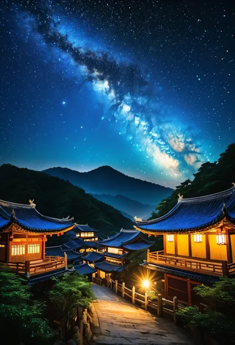 A beautiful celestial scene capturing the essence of the Tanabata festival, popularly known as the Qixi Festival in China. Portray a milky way filled with glittering stars cutting across the dark blue night sky. Below the celestial expanse is a tranquil, o...