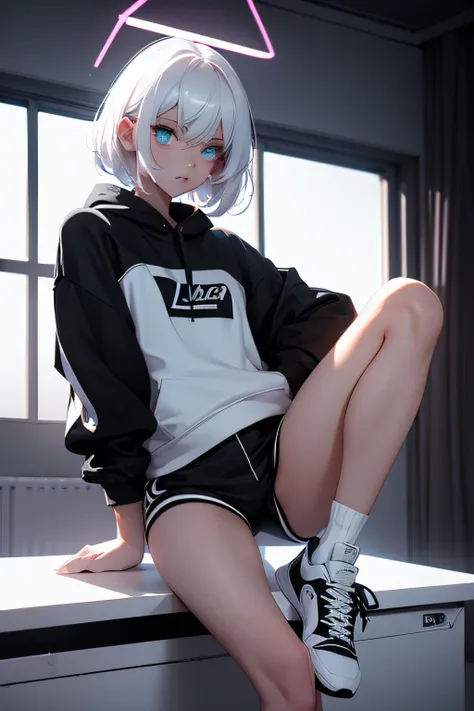 white and black sweatshirt, short shorts, sensuous, sexly, lighting, lumiere, ombre, black and white sneakers, neon halo, glare ...