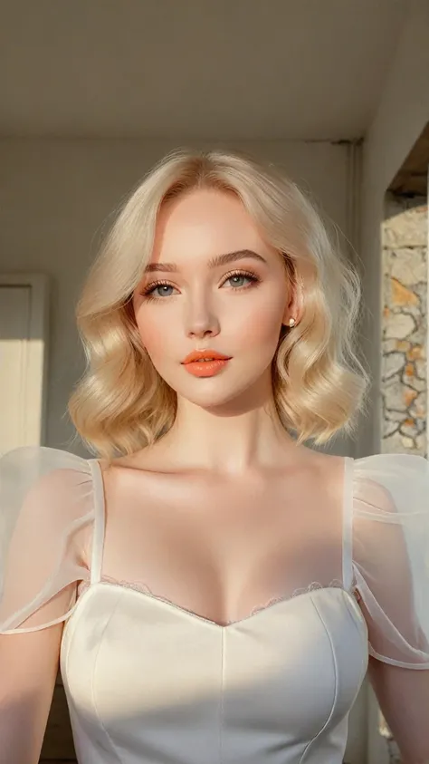 Arafed woman in a white dress posing for a photo., Pale skin cabello rubio rizado, A girl with blonde hair., Anastasia Ovchinnikova, Pale skin y brillante, beautiful delicate face, bright peach face, Pale skin suave natural, delicate pale pink lips, Pale s...
