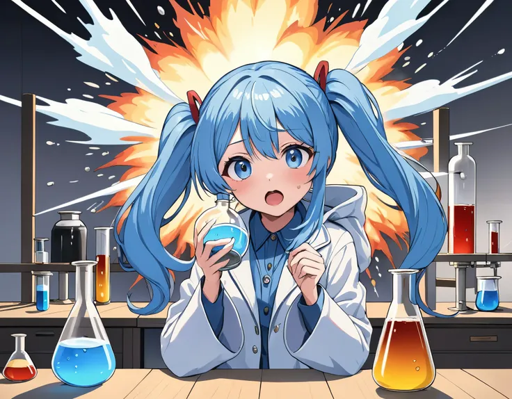 Light blue long hair、Beautiful girl with twin tails、Wearing a white coat during a chemical experiment、Serious face、Bright laboratory、beaker、flask、Graduated cylinder、Alcohol lamp、Huge explosion during experiment、Laboratory explosion、Surprised face、