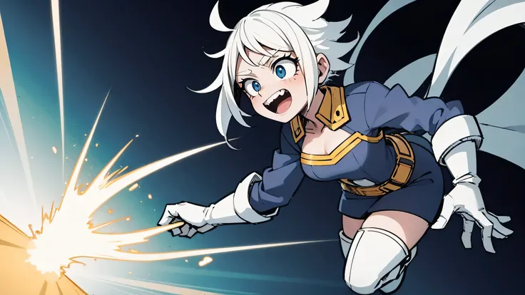 My hero academia art style. Female hero, yellow cape, white gloves, white boots, black costume, blue hair. Short hair, ponytail.