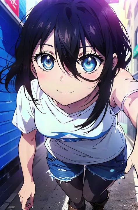 himeragi yukina, brown eyes, black hair, hair between the eyes, medium hair, mid-chest,smile,one-shoulder shirt,short sleeve,sho...