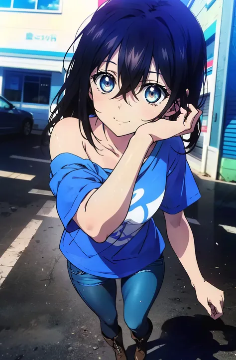 himeragi yukina, brown eyes, black hair, hair between the eyes, medium hair, mid-chest,smile,one-shoulder shirt,short sleeve,sho...