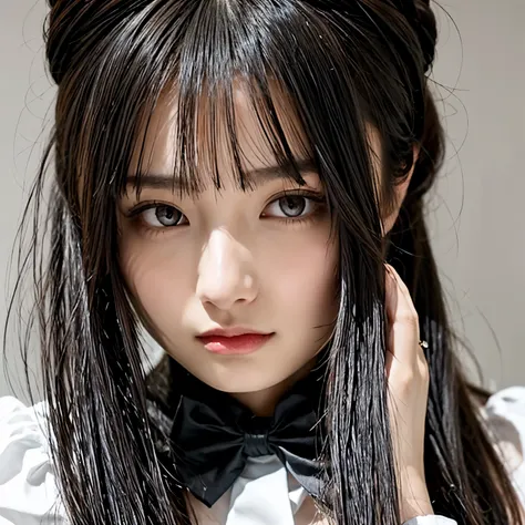 (highest quality), 1 girl, alone, black bun hair,beautiful eyes in every detail,,,  revival ribbon tie, long hair,huge breast