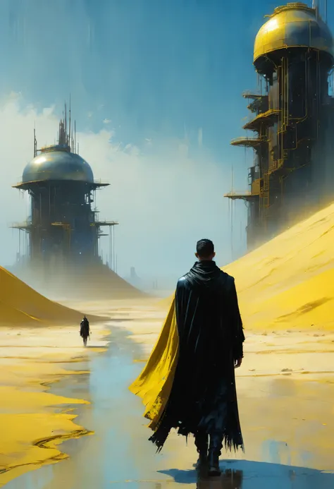 Pixelart por Jeremy Mann, Man in black cape in the yellow desert walking alone finding a new city in the sands, mostly blue tones and small details in yellow, 4D high relief texture painting, construction, construction site, Building in the background, flo...