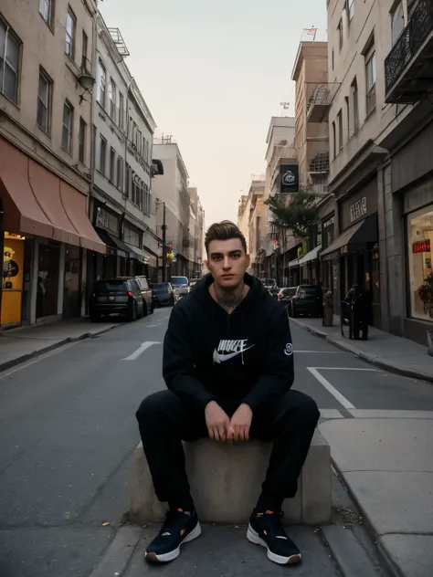 man in his late 20s, with sicilian and hispanic heritage, sits confidently in the middle of an urban street. he is wearing an ov...