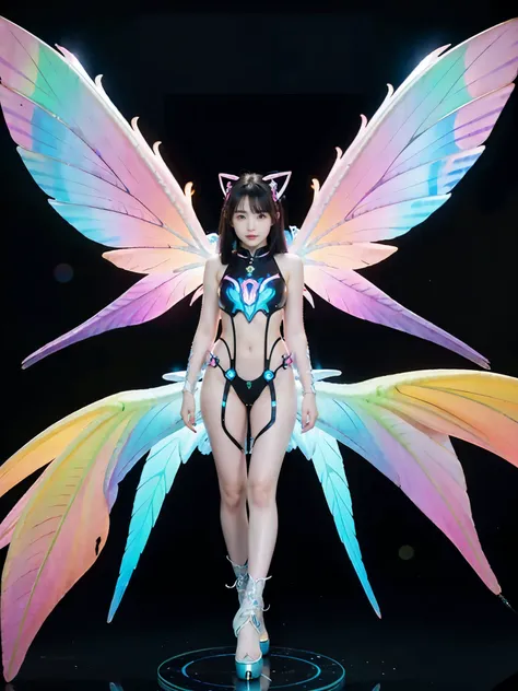 1girl, Armor, Wings, beautiful dragon, futuristic evolved Nekomata, (Neon glowing body), 2 tails, holographic, (The wings are symmetrically paired;1.5), Tricolor color body

