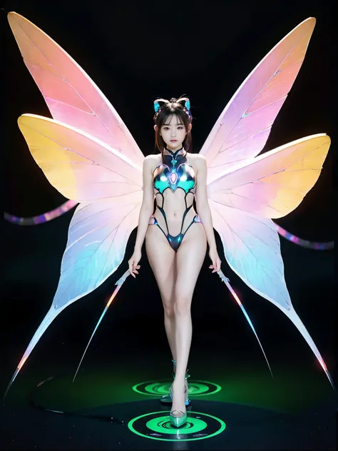 1girl, Armor, Wings, beautiful dragon, futuristic evolved Nekomata, (Neon glowing body), 2 tails, holographic, (The wings are symmetrically paired;1.5), Tricolor color body

