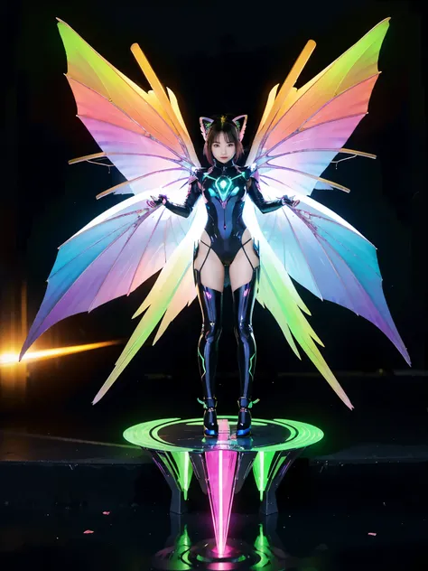 1girl, armor, wings, beautiful dragon, futuristic evolved nekomata, (neon glowing body), 2 tails, holographic, (the wings are sy...