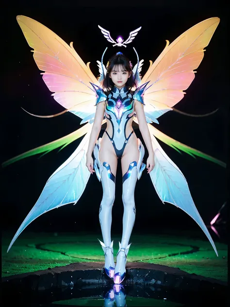 1girl, armor, wings, beautiful dragon, futuristic evolved nekomata, (neon glowing body), 2 tails, holographic, (the wings are sy...