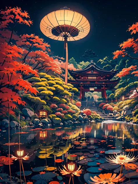 (digitalpainting),(best qualityer), serene japanese garden, red spider lily flowers in full bloom, koi pond, footbridge, pagoda,...