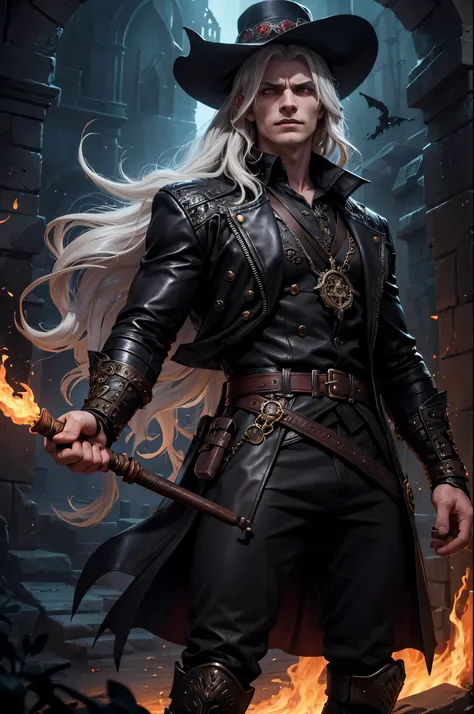 In a dark, gothic setting with ornate stone arches in the background, stands a formidable vampire hunter, embodying a mix of fierce determination and elegance. He wears a broad-brimmed hat adorned with a ruby and intricate metallic designs, framing his lon...