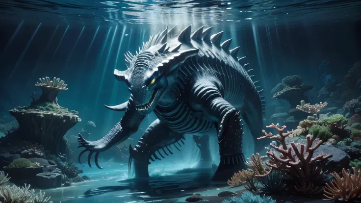 "A high-resolution, high-quality photorealistic image captures Tlaloc as the god of lightning, rain, and earthquakes, god of the sea, riding a massive sea serpent beneath the oceans surface. His muscular body glistens in the seawater as he displays his gre...