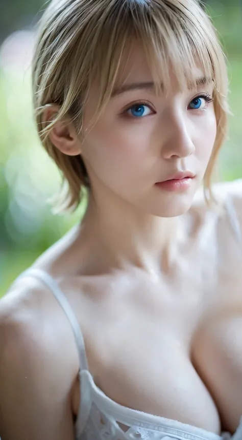 Beautiful and fair、Glowing Skin, 3 Up, Nice, bright, Refreshing and gentle look, Perfect beautiful face、Blonde Short Hair，Beautiful shiny bangs, Very beautiful 17 year old girl, eyeliner, so perfect and beautiful、big, clear, Sky blue eyes，Very large breast...