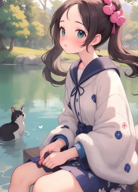 (masterpiece、Highest quality、Highest quality、Official Art、Beautiful and beautiful:1.2)、(One girl:1.3)Hatsune Miku、Twin tails,Beautiful breasts, Katsushika Hokusai,stand by me, Woman Painting, Cat sitting on a lake, An exquisite painting by Johannes Vermeer...