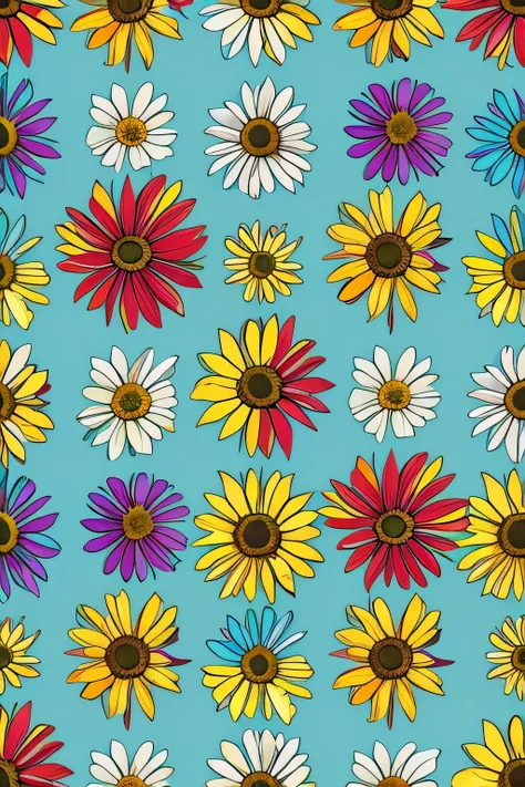 A vibrant and colorful floral pattern with an assortment of wildflowers, including daisies, sunflowers, and tulips, scattered randomly across the design. 8k --tile