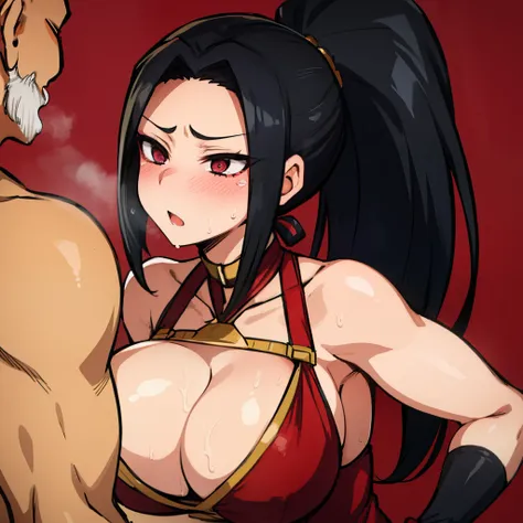 nsfw:1.5,((Highest quality)), ((masterpiece)), (detailed),Momo Yaoyorozu, ponytail、sorry、I have black hair, Troubled face、Embarrassing、Blushing, Ahegao、Eyes Wide Open、Bodysuits, Big Lips, outside, Curvy、(1 muscular old man, a muscular old man is grabbing g...