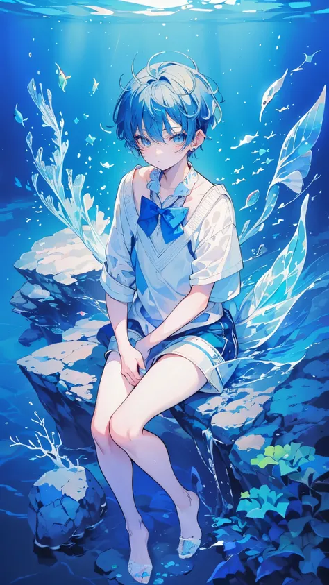 (Mastepiece), (Best Quality), Very detailed, 1 boy, Full body solo shot, Perfect Face, (Beautiful Boy:1.4), Very detailedな顔，(Blue short hair:1.5)，(blue eyes:1.4)，(In the water:1.4)，Ocean，School of small fish，Light，jellyfish，Ocean藻，Red fish，Yellow fish，深Oce...