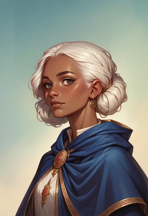 ((best quality)), ((masterpiece)), (detailed), 1girl, mixed race girl, African American + Caucasian girl with lighter skin, young woman, beautiful, skinny, white hair, modern western attire, cloak, wearing casual clothes underneath cloak