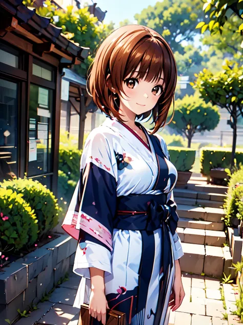 highest quality、(anime illustration style:1.3),high resolution、whole body、standing、garden、one girl、west spring　miho,short hair、 ...