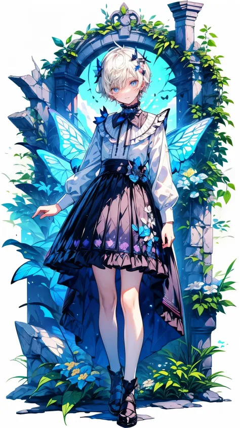 (Mastepiece), (Best Quality), Very detailed, (1 boy:1.5), (Full body solo shot:1.4), Perfect Face, Beautiful Boy, Very detailedな顔，(White Hair Short Hair:1.5)，(Blue eyes:1.4)，(White frilly shirt:1.4)、(Lots of butterflies々:1.4)、bird、(ruins、Plants、flower:1.4)...