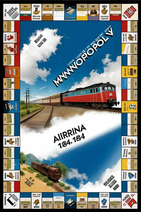 
monopoly with images of, old trains, air, rails,panama,year 1848, 1850,1855, california name,A town.