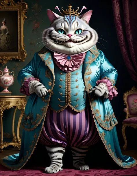 photorealistic portrait of Dressed animals - a ((fat)) (Cheshire cat) necromancer, (full body image:1.5),(intimidating pose:1.5) Wearing luxury gown,(wearing luxury ),(hands on hips:1.5), Old-fashioned luxury clothes, detailed and opulent description of  a...