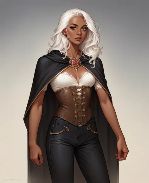 ((best quality)), ((masterpiece)), (detailed), 1girl, mixed race girl, African American + Caucasian girl with lighter skin, young woman, beautiful, skinny, white hair, modern western attire, dark cloak, wearing casual clothes underneath cloak, black pants,...