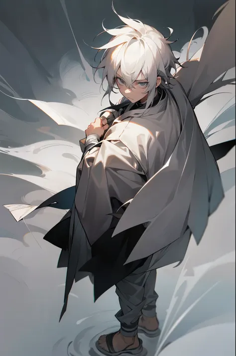 1male, white shaggy hair, grey eyes, determined expression, open black yukata, bandaged arms, standing on path, foggy background, hands to side, detailed face