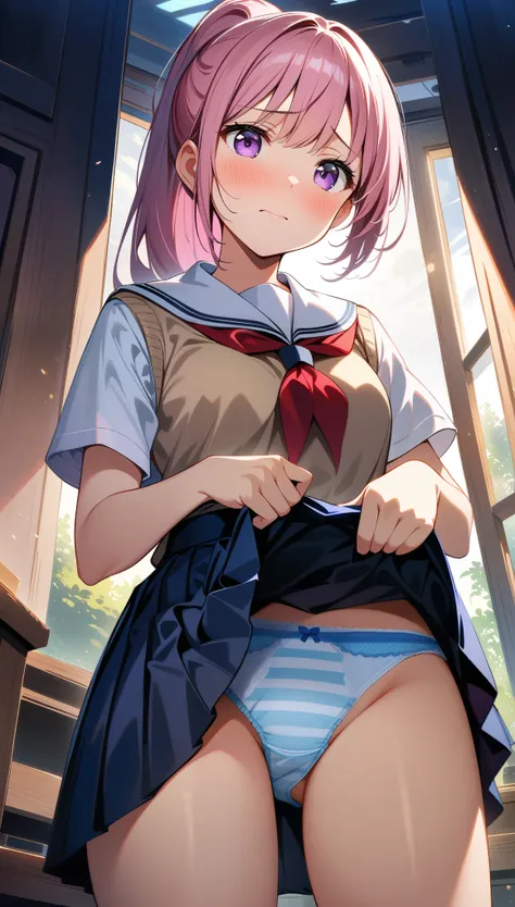 (gal), stand, spread your legs wide, long hair, ponytail, pink hair, purple eyes, ((striped underwear)), ((cute school uniform)), ((embarrassed)), (cowboy shot), (((((showing underwear))))), (((((skirt lift by myself))))), (((from front))), (from below), (...