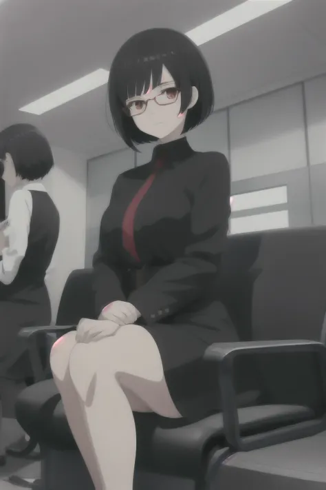 anime girl, short black hair, Red eyes, workshop outfit, waiting for a job interview in a waiting room, glasses, looking at your CV,
Waiting to start 
