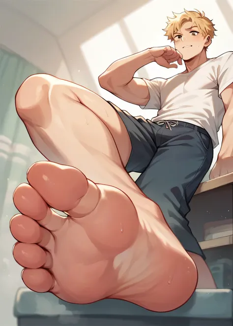 giant shirtless blonde white male teenager Showing smelly feet Low angle