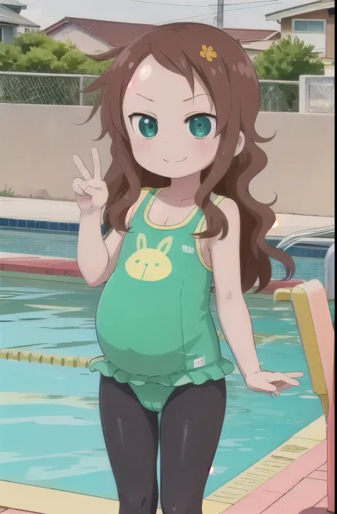 8-year-old girl,cute,(looking at viewer:1.0), details sky,handsome,((masterpiece:1.4,best quality)),multiple details,eyeshadow,sfw, (medium shot:1.5), gradiant eyes, hazel eyes, (long black lycra pantyhose:1), standing, stand, pool stand in pool,
 riko, lo...