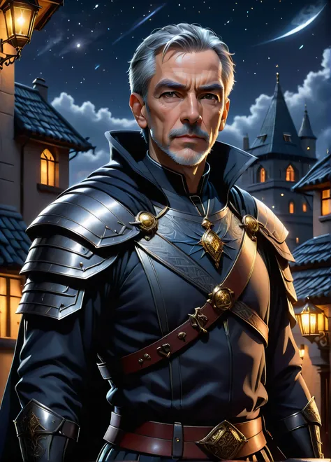 burglar , mature slim male, gray hair, skinny, camouflage symbols and patterns, furtive, night rooftops with starry sky , holding a dagger, Accurate shot, ((looking ahead at viewer:1.2), (from sideways:0.8)), Full Armor, Athletic, Volumetric lighting Dynam...