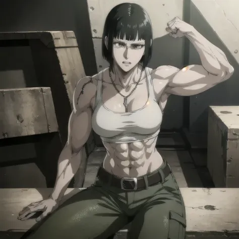 (best quality,ultra-detailed,realistic:1.37),musclaur badass girl with sculpted body with preview her musclaur body and six-pack, full review of the female characters face and body, intense expression, strong and confident posture, studio lighting, vivid c...