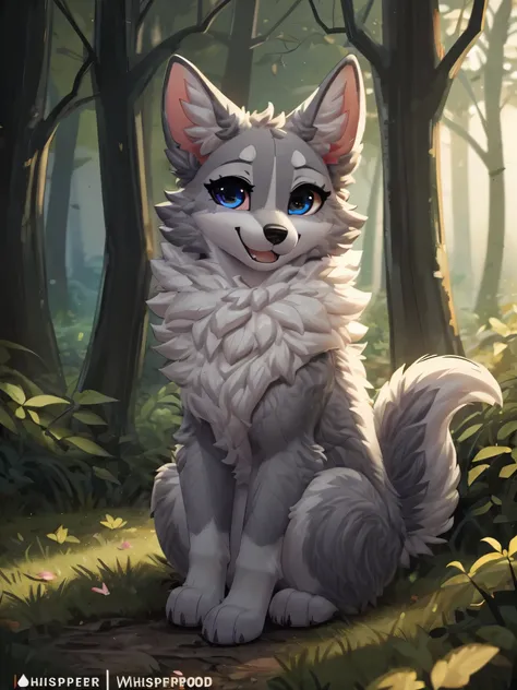 Solo, Cinematic, grey young dog, Grey fur, female, feral, long fluffy tail, happy, sitting, forest background, extremely detailed, beautiful and detailed dilated eyes, black eyes, full body, ((By WhisperFood))
