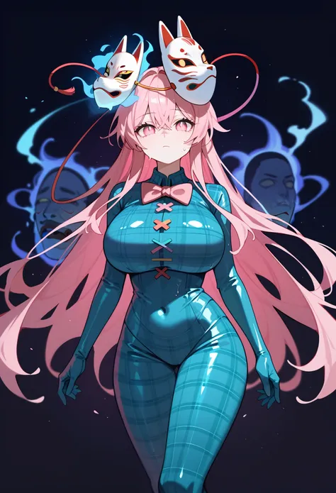 (masterpiece, Highest quality, Ultra-high resolution), 1girl, Hata no Kokoro, fox mask, Pink hair, long hair, pink eyes, Emotionless face, dark background, mask on head, closed mouth, huge breasts, (dark blue latex bodysuit), plaid pattern on suit, The clo...