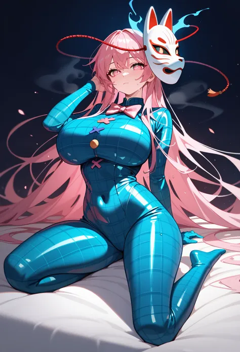 (masterpiece, Highest quality, Ultra-high resolution), 1girl, Hata no Kokoro, fox mask, Pink hair, long hair, pink eyes, Emotionless face, mask on head, closed mouth, huge breasts, (dark blue latex bodysuit), plaid pattern on suit, The clothes fit perfectl...