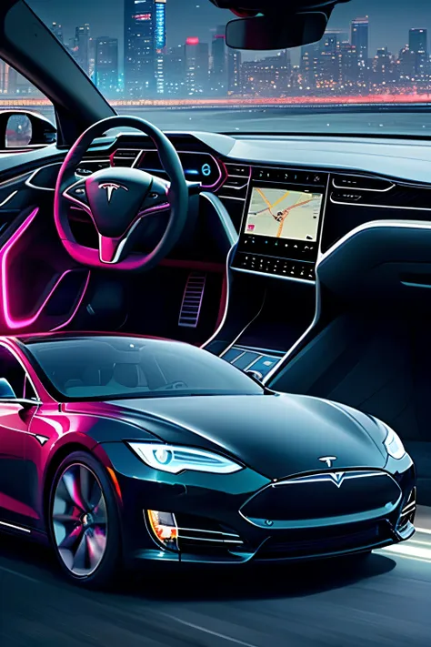 in the heart of a bustling metropolitan nightscape, a sleek, high-tech tesla vehicle glides effortlessly, its futuristic design ...