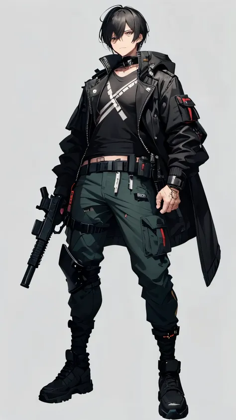 Full-body character design of a hitman with a sharp personality living in an apocalyptic timeline. He wears stylish, baggy clothes with tactical details, including multiple pockets, straps, and a utility belt. His jacket is slightly oversized, featuring a ...