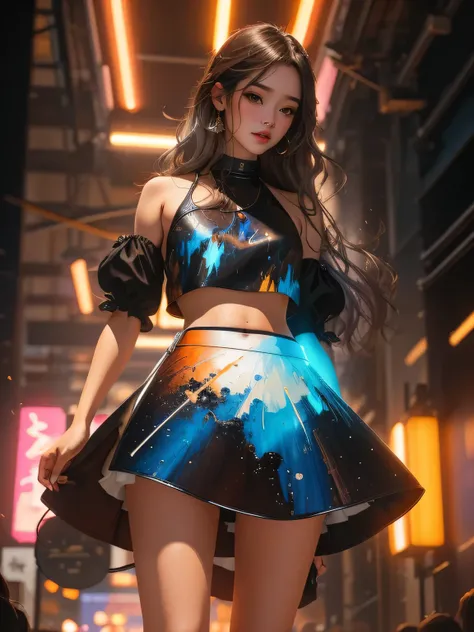 ムラムラする女の子、(dark brown eyes:1.2),1 girl、long legs,Silver Hair、Dark brown eyes、Shining Eyes、Crop top、mini skirt、Parted lips、1woman wearing trendy clothes, in an abstract oil painting style, fashion show, The painting is ultra-high detailed and has a resoluti...