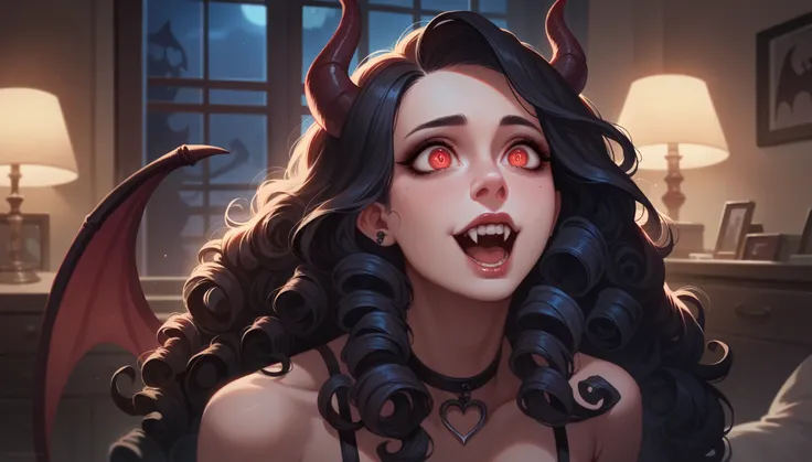 ((Woman)), ((Mommy)), Excited, ((Curly Long Hair)), ((Demon Girl)), Sexy, ((Succubus)), Goth, Submissive, Room, Night, HD, High Resolution, 4K