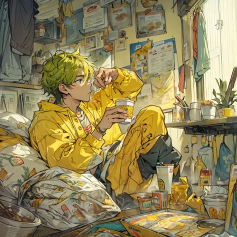 Inspired by the MBTI adventurer、A man in yellow clothes eating cup noodles in his room。Stylish and cool。