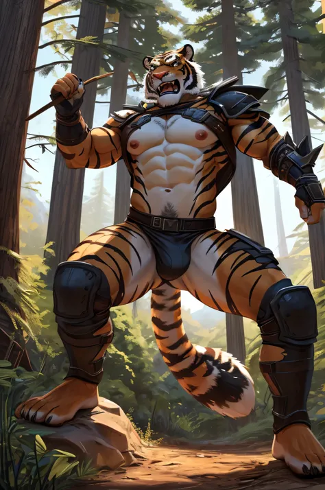 male tiger, eyes, Young adults,strong,elegant,guerrero,attractive body,Tiger Claw,scantily clad(Scapula,armor knee pads,crotch lump,Genitals are extremely prominent..,torn black briefs,Bare chest and abdomen,bare thighs,barefoot),Expression(vigilante,gnash...