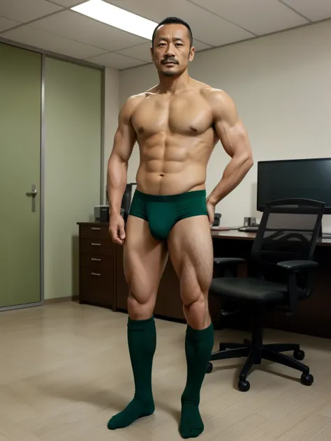 40 years old，Hidetoshi Nakata，（Kogoro Mori 1.3），whole body，Lean，muscle，office，Green socks，foot，Standing，Baldhead ，transparent，Thick body hair，underwear，Topless，Densely hairy，Fortitude，HD，With a mustache