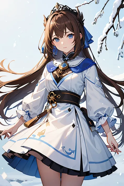 A woman from Anima Genshin Impact loose brown hair blue eyes slightly short white skirt and white and blue coats in the middle of the snow