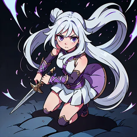 attacking with sword, woman warrior, swordsman, silver armor, white long hair, purple eyes color, action scene battle, masterpiece, anime art, front viewer, full body.