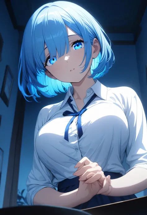 one girl、masterpiece, highest quality, rem, one girl, collared shirt、short hair、beautiful blue ocean hair color、short hair, (blu...