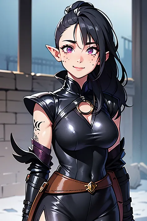 ultra detailed, anime girl, full-body portrait, leather armor, half-elf, raven black fauxhawk hairstyle with shaved sides, heavily freckled face, nose ring, dark red eyeshadow, single slashing scar across left cheek, opal colored eyes, coy smile, faded bla...